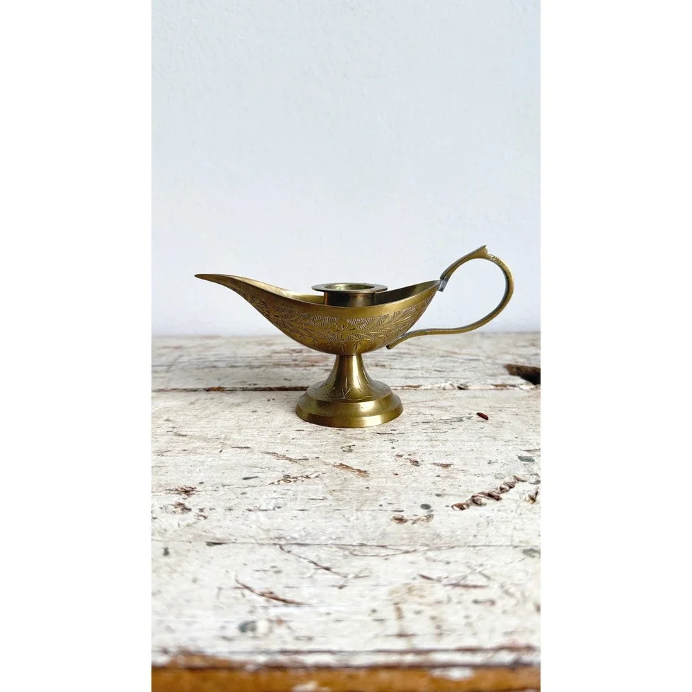 Vintage Etched Brass Genie Lamp Taper Candle Holder Boho Decor 6.25 Inch